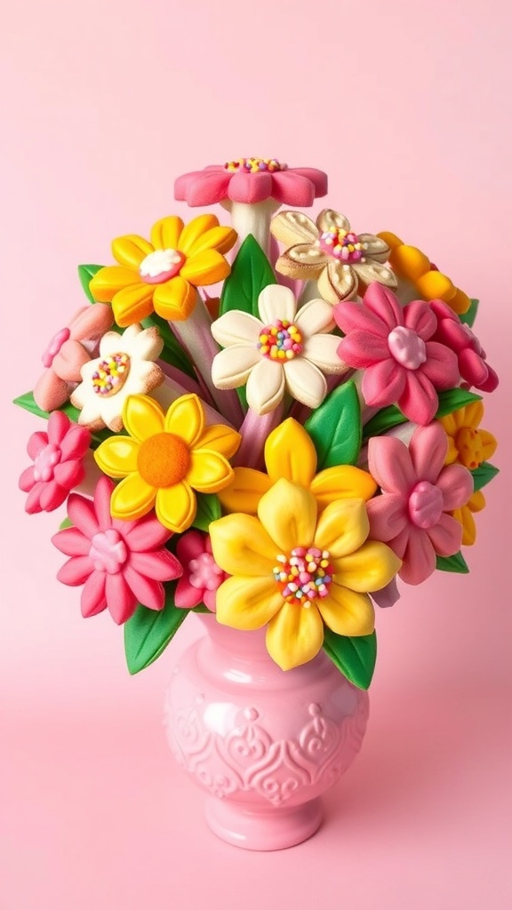 A colorful edible flour bouquet with decorated dough flowers in a vase.